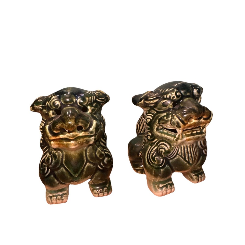2 Vintage Glazed Ceramic Chinese Foo Dogs Guardian Lions 4" Set Blue Green